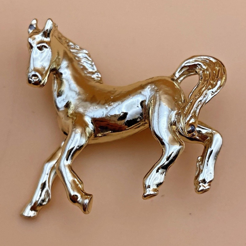 Vintage Horse Pony Brooch Pin Gold Tone Prancing Equestrian Western 3D Figural